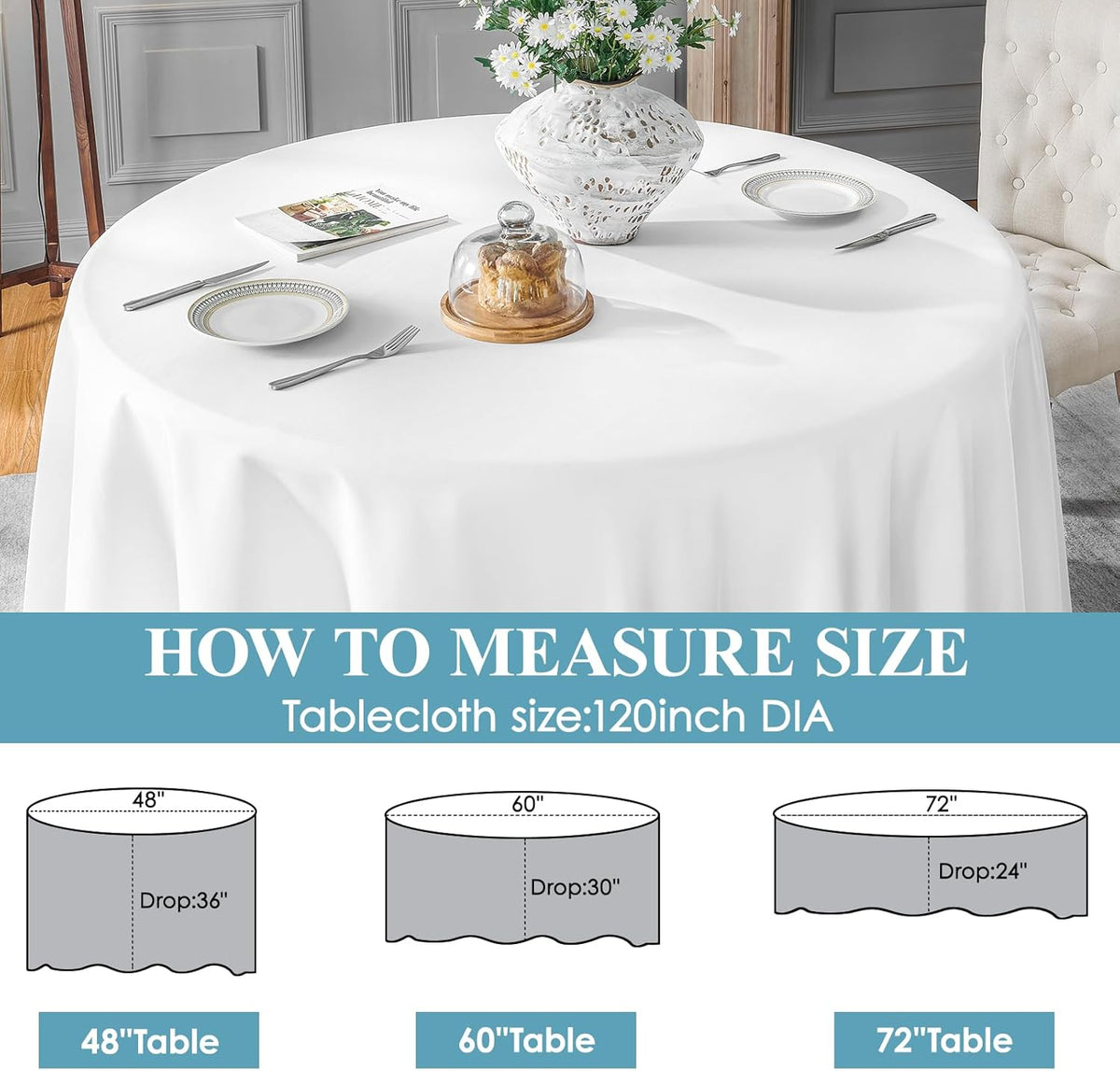VidaFete 10 Pack 120inch Round Tablecloth Polyester Table Cloth, White