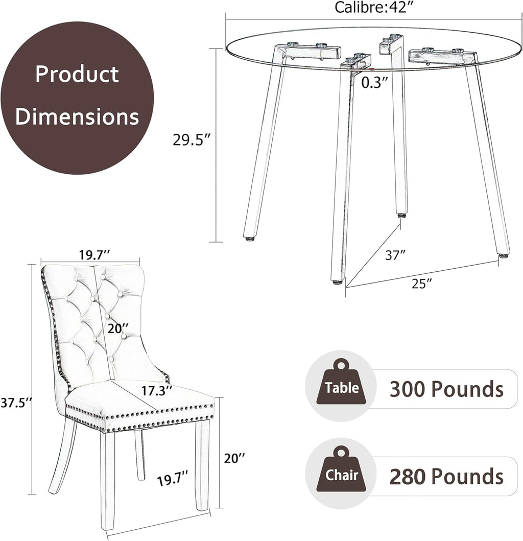Clear Round Glass Top Dining Set for 4, 42'' Modern Luxury Circle Dinner Room Set, 5 PCS Minimalist Circular Kitchen Table Set, Grey High-end Tufted Chairs, for Home Small Apartment (Black)