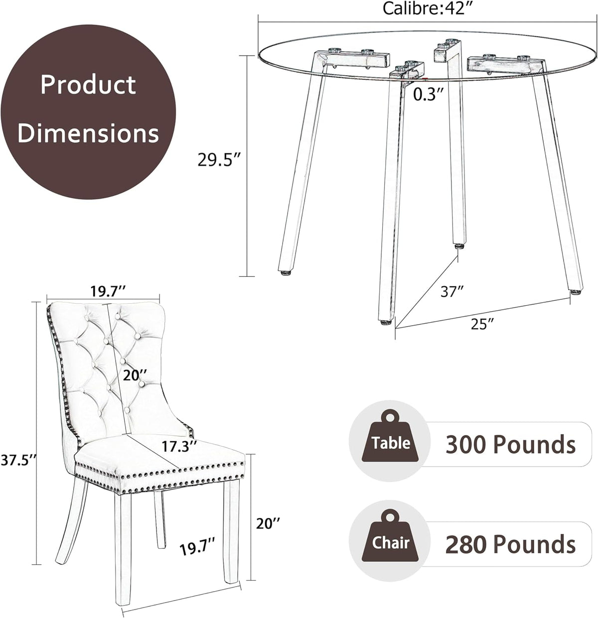 5 Piece Clear Round Glass Top Dining Set, 42'' Mid Century Modern Circle Dinner Room Set, 4 Person Luxury Circular Kitchen Table Set, Beige High-end Tufted Chairs, for Small Apartment (Silver)