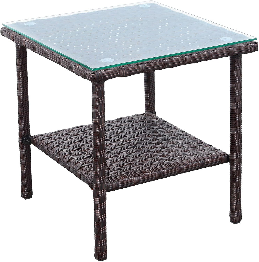 Outdoor Wicker Glass Top Side Table - Patio Balcony Deck Pool Square End Table with Storage, Dark Brown