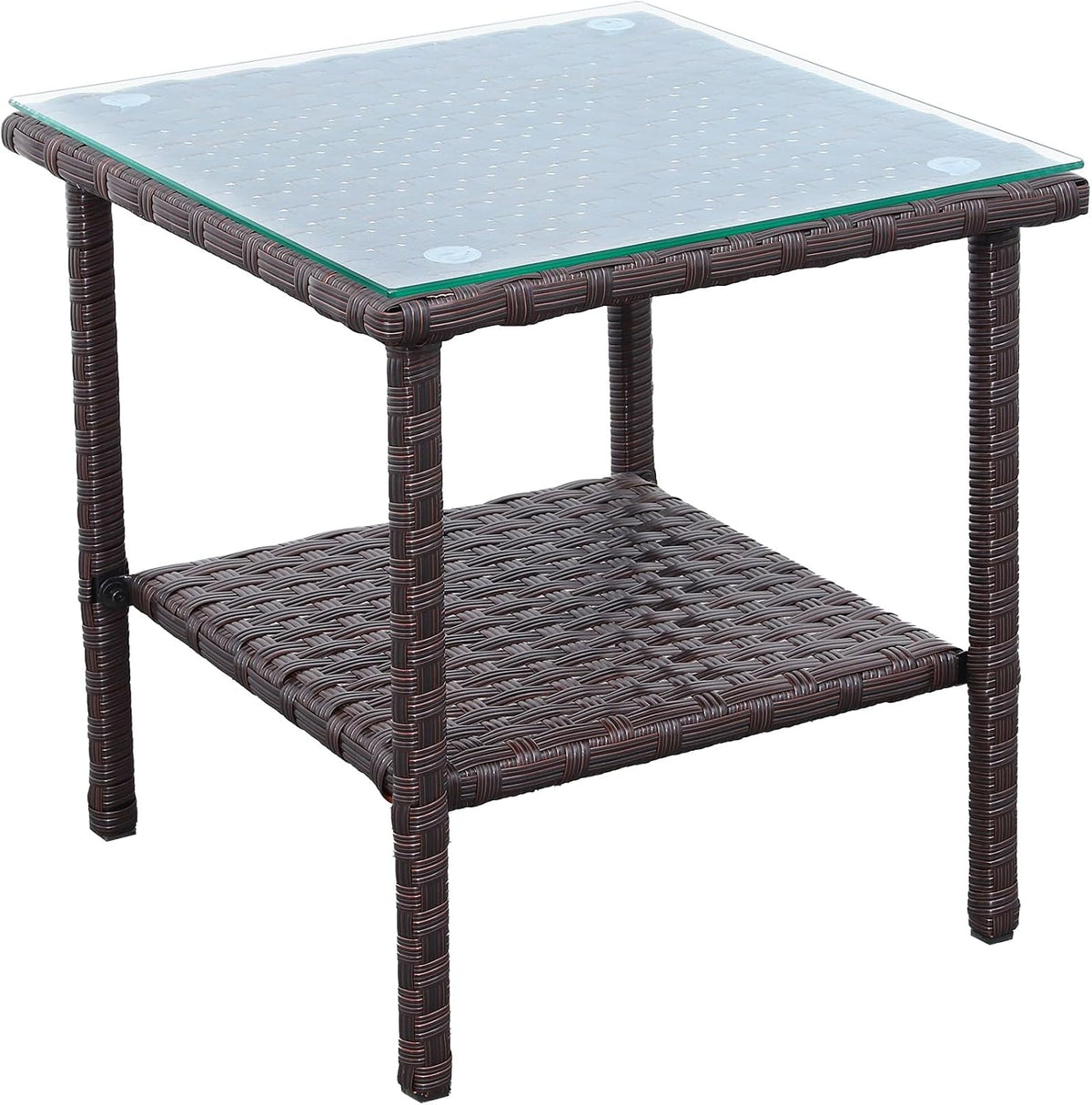 Outdoor Wicker Glass Top Side Table - Patio Balcony Deck Pool Square End Table with Storage, Dark Brown