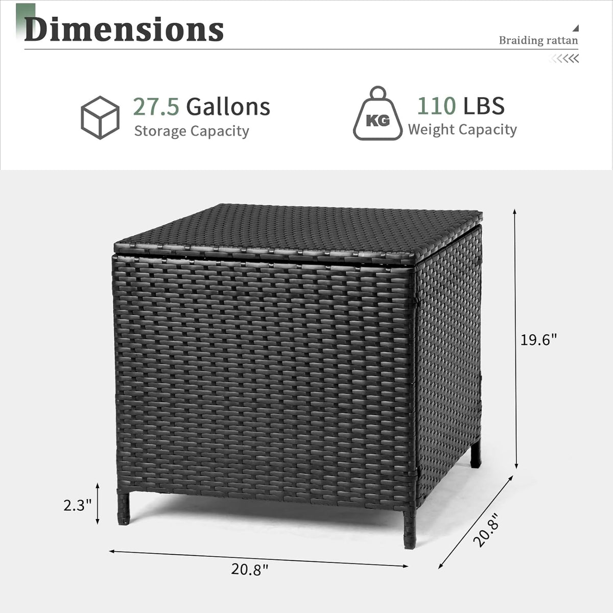 VINGLI Outdoor Side Table with Storage, 27-Gallon Patio Deck Box Outdoor Wicker Side Table for Poolside Balcony Storage Table (Black, Square)