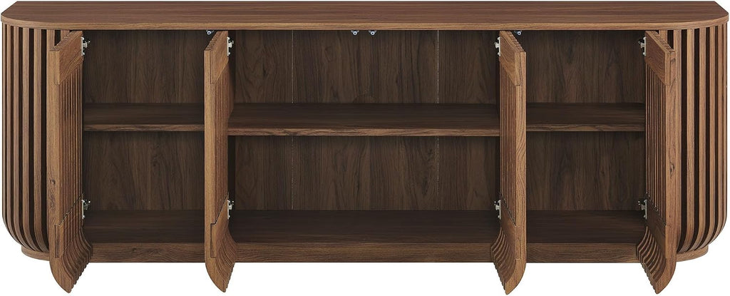 Modway Fortitude 75" Fluted Curved Sideboard Buffet with 4 Doors in Walnut – Modern Media Console TV Stand with Adjustable Shelves and Cable Management – Office Credenza Storage Cabinet
