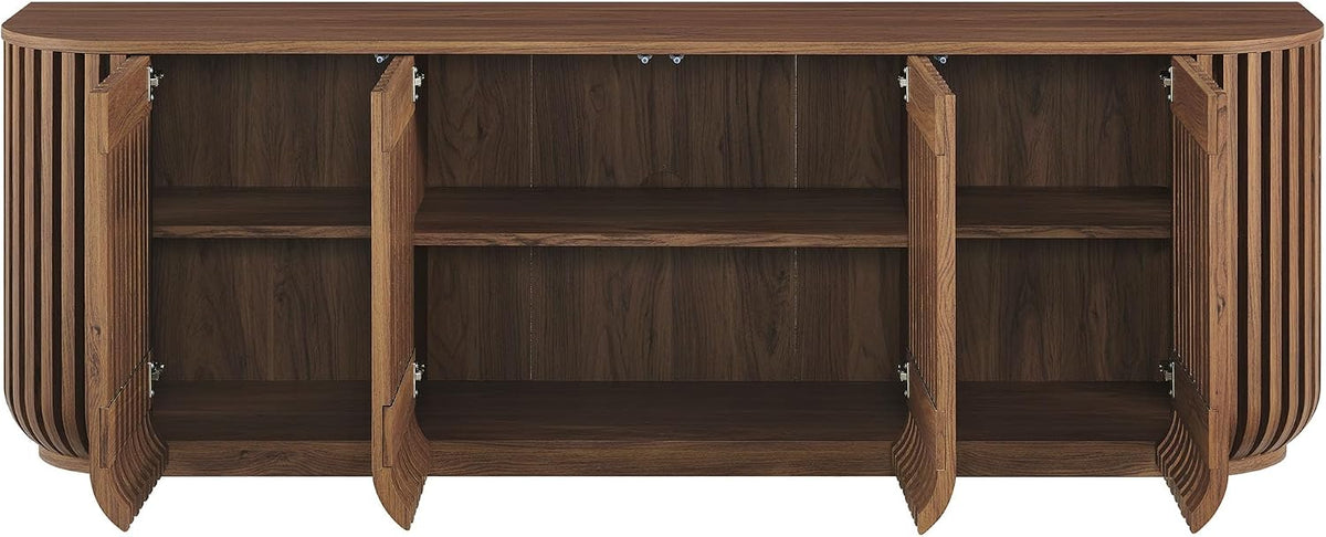 Modway Fortitude 75" Fluted Curved Sideboard Buffet with 4 Doors in Walnut – Modern Media Console TV Stand with Adjustable Shelves and Cable Management – Office Credenza Storage Cabinet