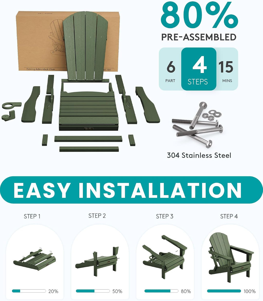 SERWALL Folding Adirondack Chairs Set of 4,Patio Chair with Cup Holder-Army