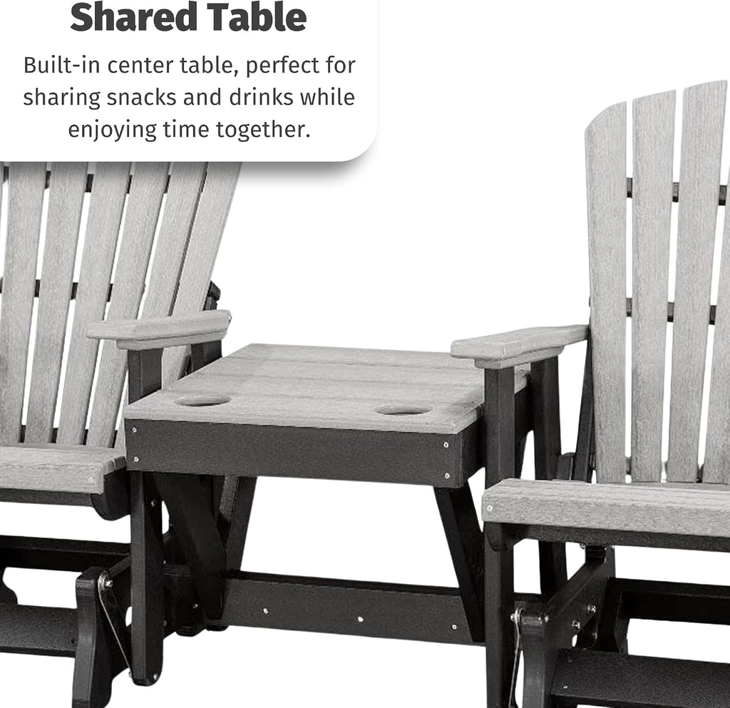 DutchCrafters Slat Fan Back Double Poly Adirondack Glider Outdoor Patio Chairs with Center Table (Black & Aruba Blue)
