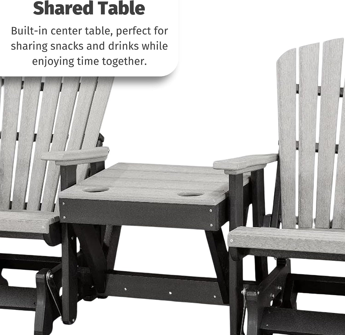 DutchCrafters Slat Fan Back Double Poly Adirondack Glider Outdoor Patio Chairs with Center Table (Black & Aruba Blue)