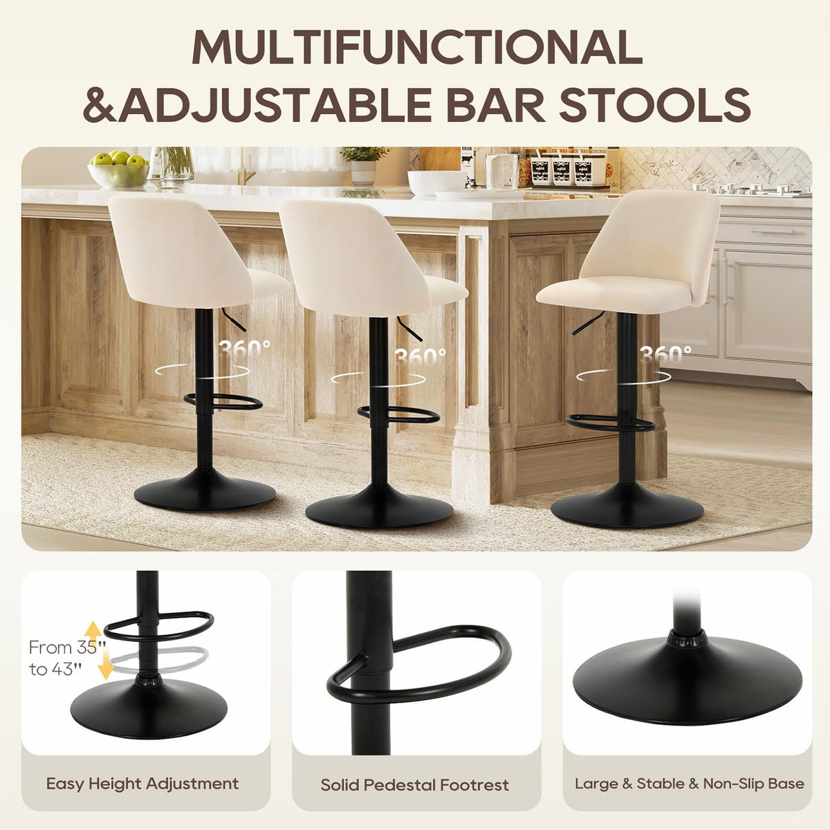 COLAMY Bar Stools Set of 4, Modern Swivel Bar Chairs, Adjustable Upholstered Barstools Counter Height with Full Backrest for Bar, Dining Room, Kitchen Island, Beige