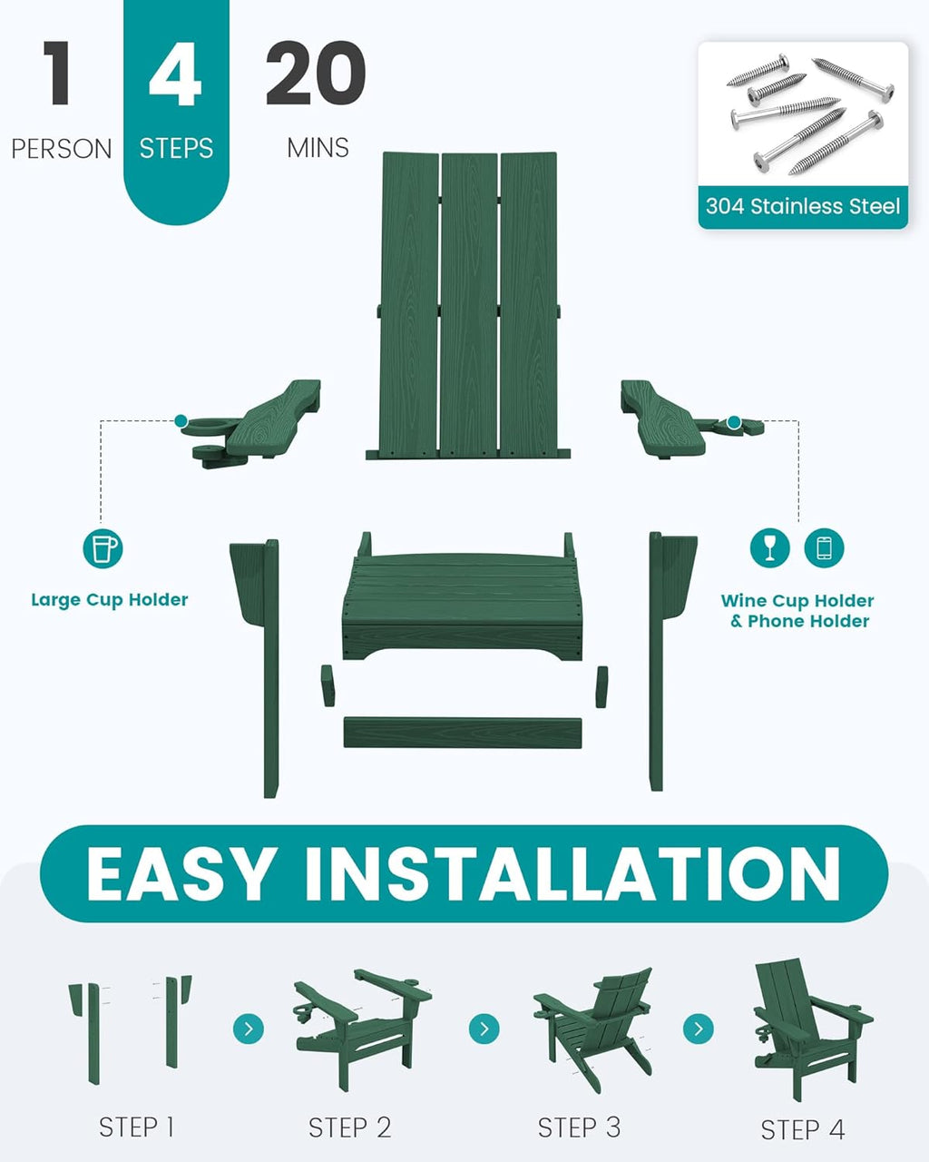 SERWALL Modern Folding Adirondack Chairs Set of 2, HDPE, Cup Holders, Green