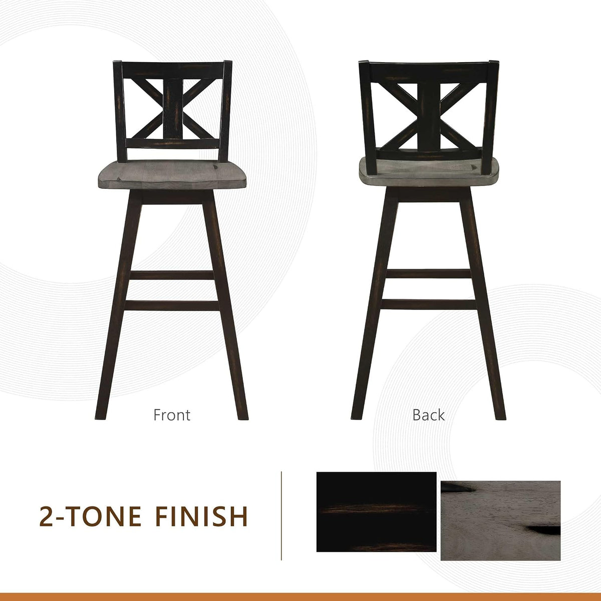 Lexicon Swivel Bar Height Stools Set of 2, X Back, Antique Black/Grey
