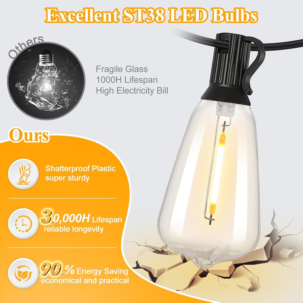 brightever 100ft outdoor string lights 52 bulbs, waterproof shown in use