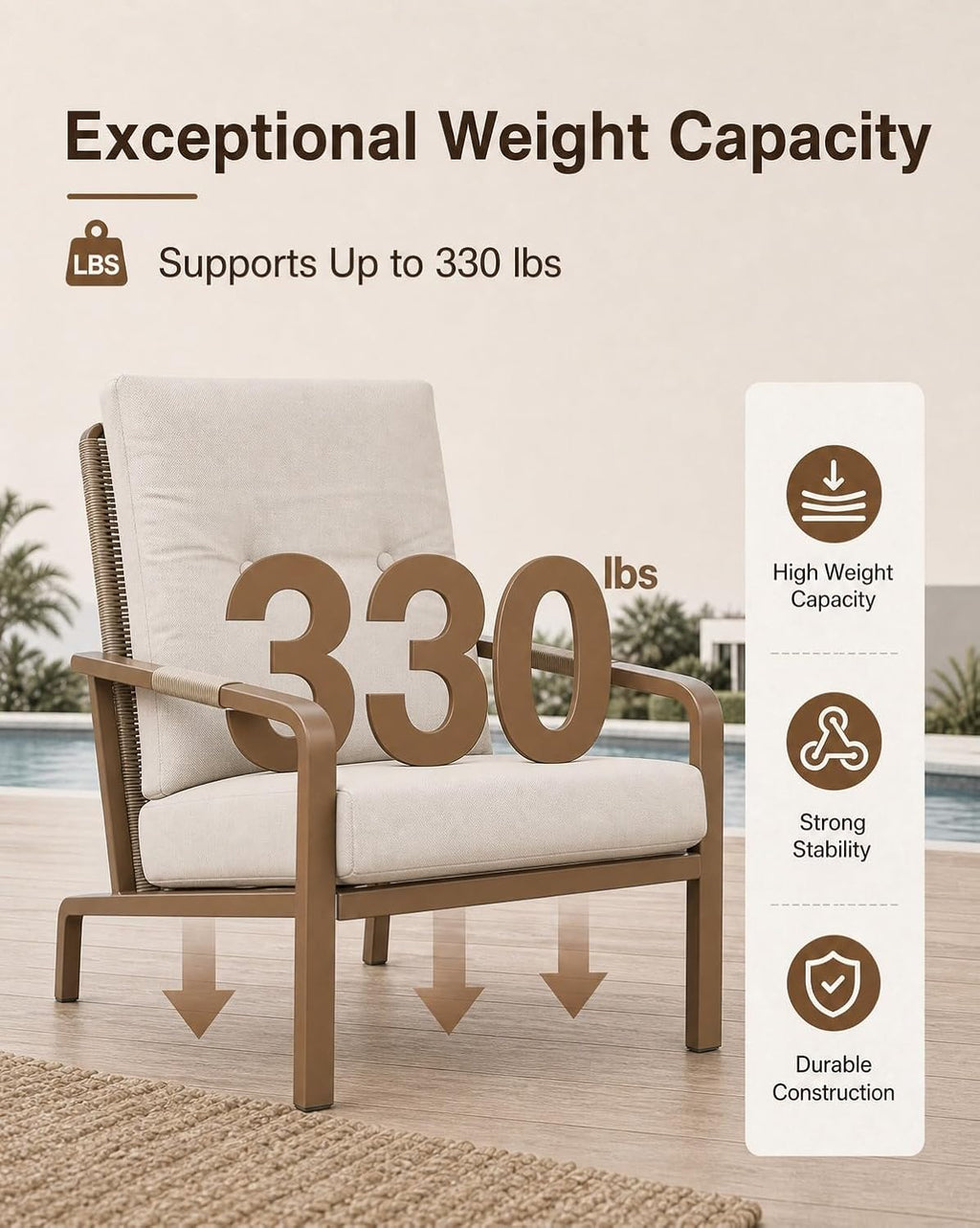 Aluminum Patio Set, 2 Chairs & Side Table, Washable Cushions, Beige (3 Piece)