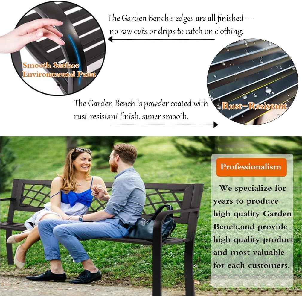 Patio Bench, Outdoor Metal Garden Bench with Armrest, Black