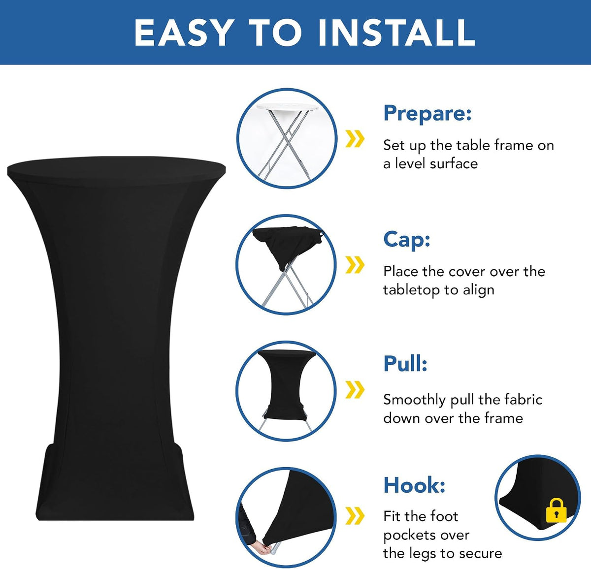 cocktail table covers-black spandex round high top table showing dimensions