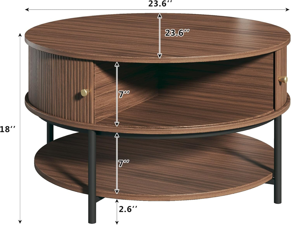 HUAHUU 23.6" Round Coffee Table, 3-Tier Center Table with Storage, Walnut