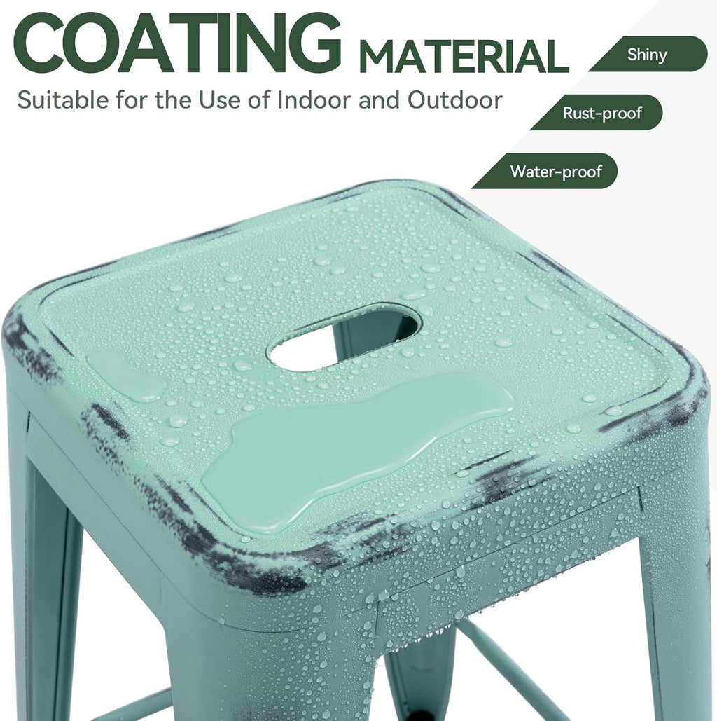 24 Inch Metal Bar Stools Set of 2, Stackable for Indoor Outdoor, Mint Green