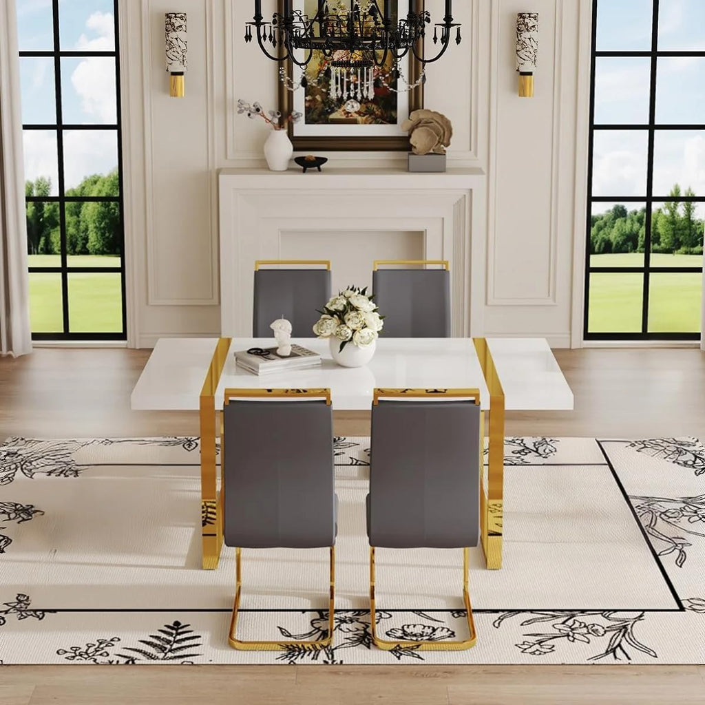 Modern Dining Table Set for 4, 55'' Dining Room Table Set with 4 Faux Leather Chairs, White Wood Tabletop with Gold Metal Legs, Suitable for Small Space