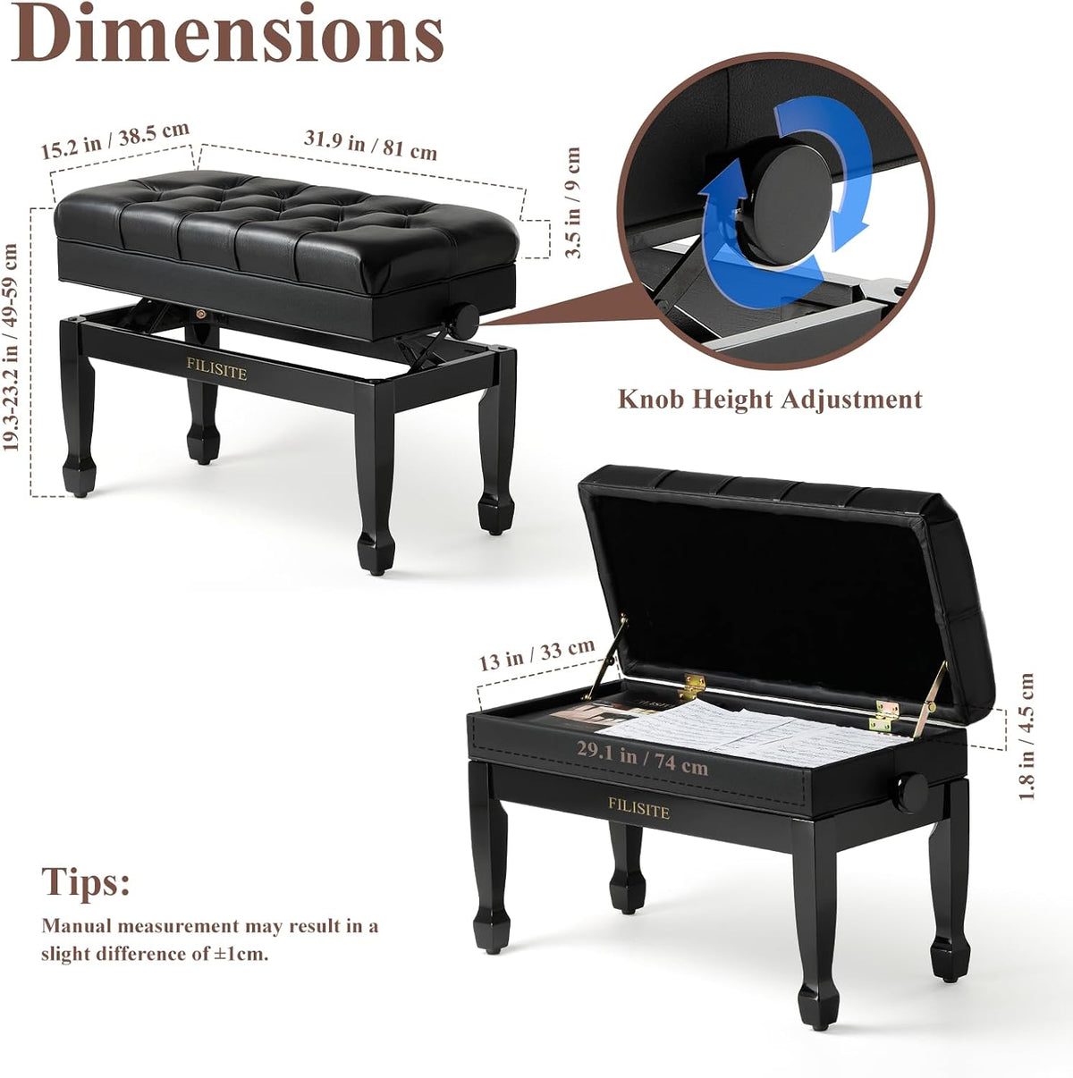 Genuine Leather Duet Piano Bench with Storage,Adjustable Heavy Duty Wooden Double Keyboard Seat XHJ-11G(Black)