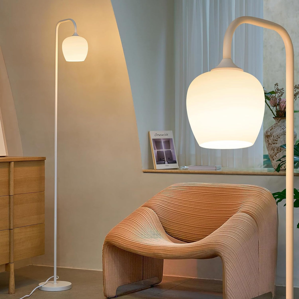 ONEWISH White Floor Lamp-Modern Standing Lamp for Living Room Bedroom, Opal Glass Lamp Shade, LED Bulb Included, for Reading Office, Simple Design Home Decor for Christmas Thanksgiving Day