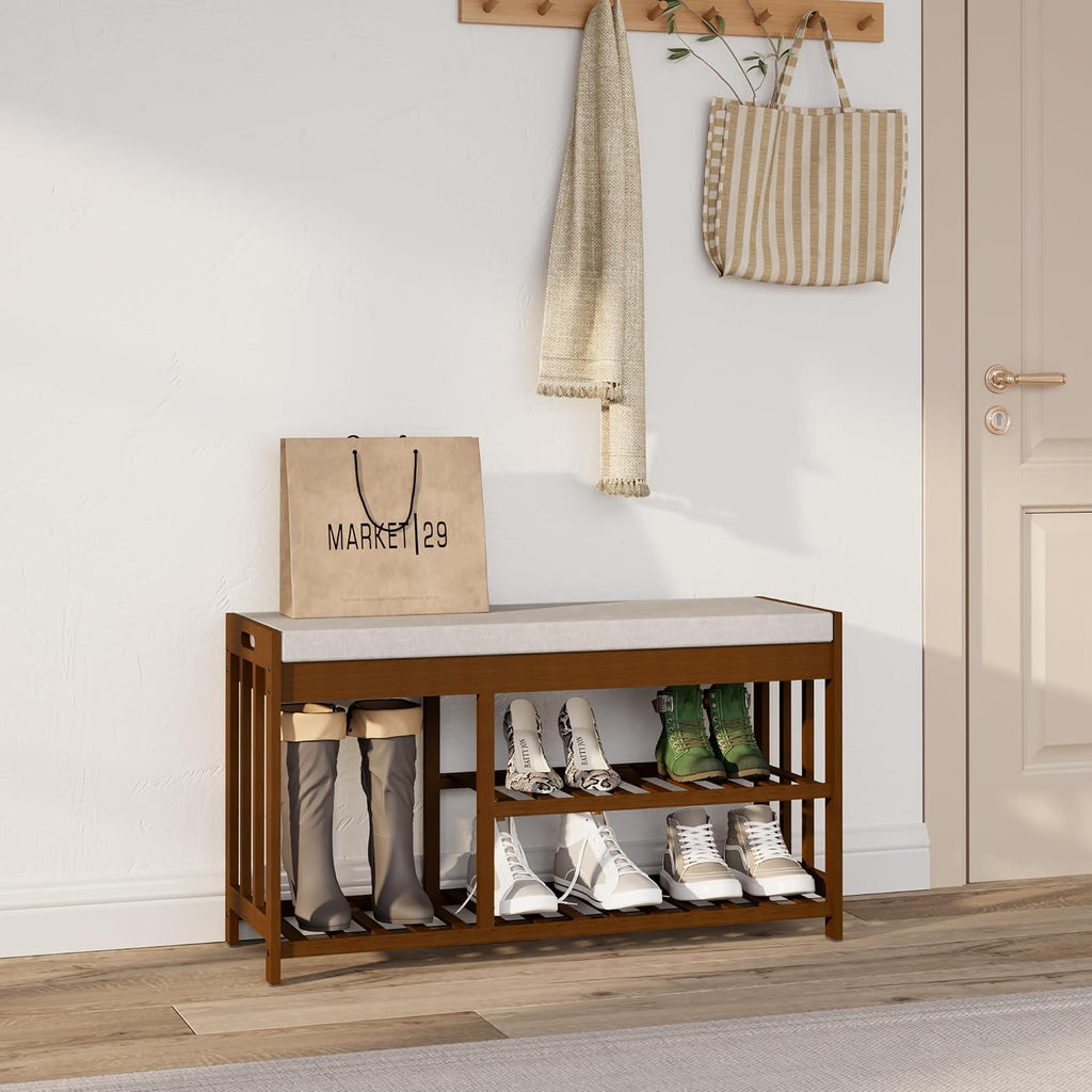 Bamboo Shoe Storage Bench with Cushioned Seat 3-Tier Entryway Shoe Rack