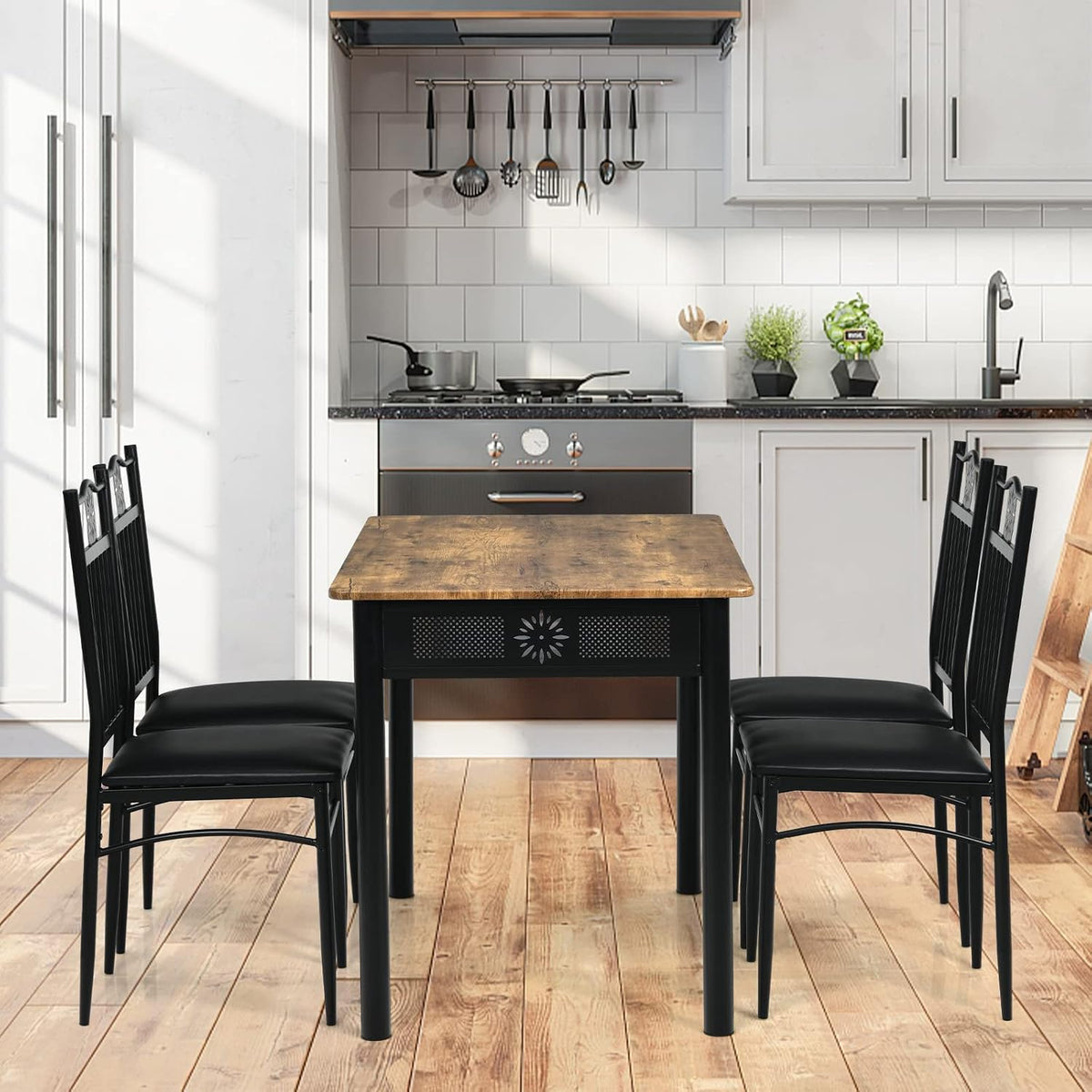 COSTWAY 5 Pieces Dining Table Set, Modern Kitchen Table Set for 4 Person, 42” Rectangular Table w/ 4 Upholstered Chairs, Bistro Table Set for Home, Coffee Shop & Restaurant (Black)