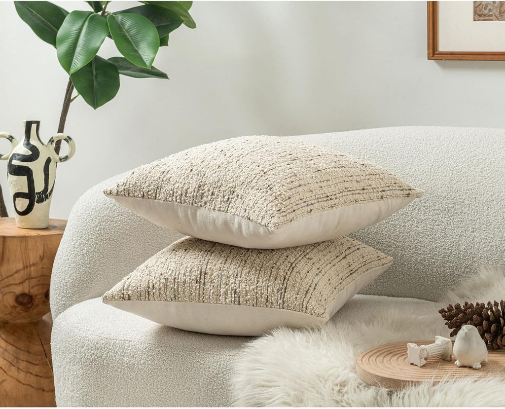 Zealax Neutral Throw Decorative Boucle Pillow Covers for Bed Couch Living Room, Striped Textured Luxury Accent Pillow Cases Square Cushion Covers Set of 2, 22x22 Inch, Cream