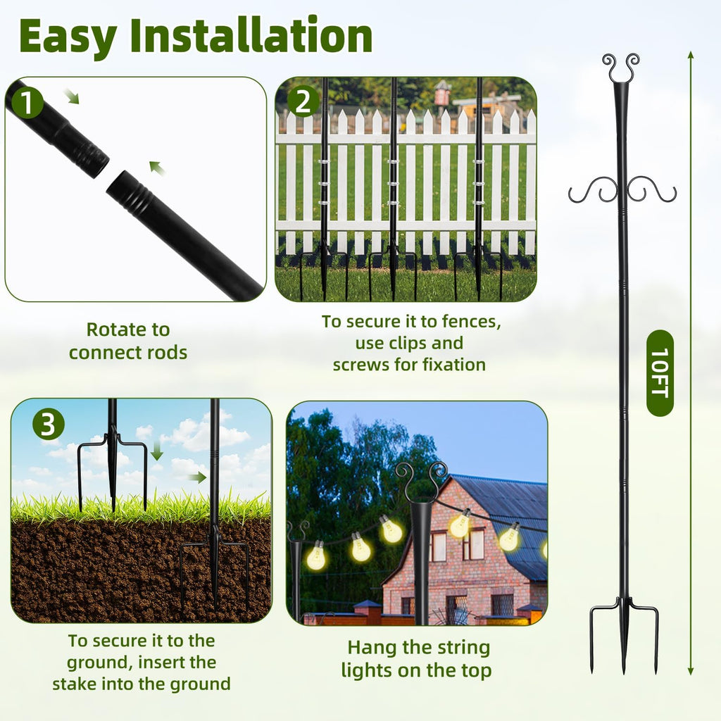 2 Pack Outdoor Patio Light Poles for String Lights, 10Ft Heavy Duty Metal String Light Poles with Shepherds Hooks for Hanging Plant & Bird Feeder, Deck Pole for Outdoor Strings Lights