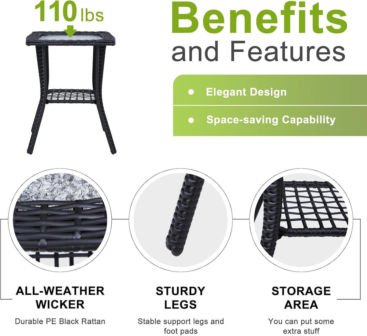 Outvita Rattan Outdoor Side Coffee Table with Glass Tabletop Storage Shelf