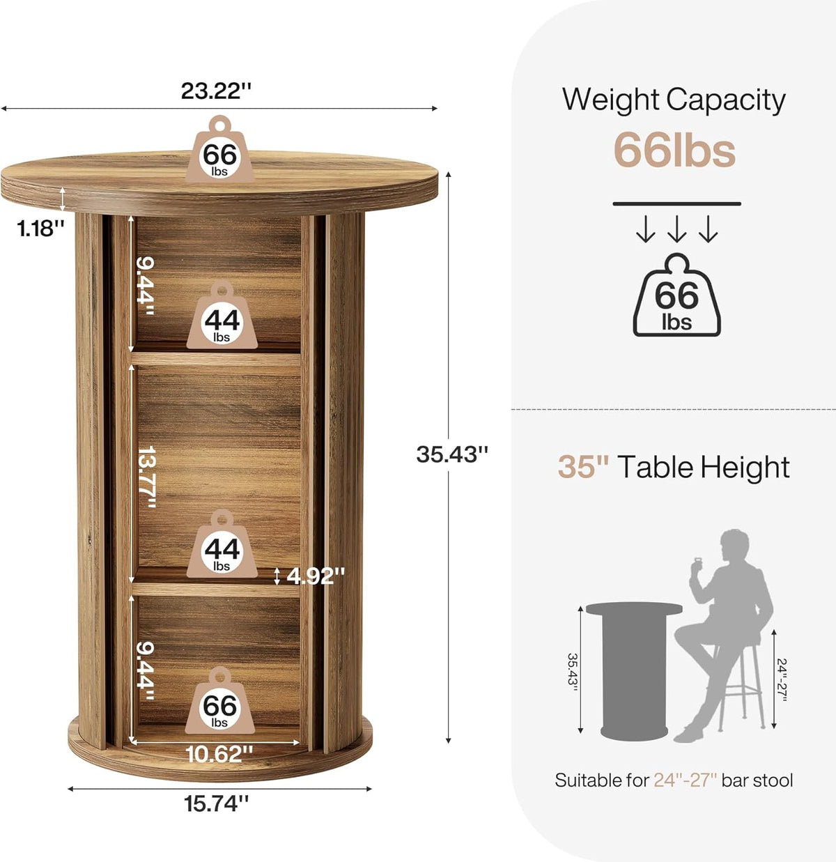 Tribesigns Round Bar Table, 35.4" Rustic Cocktail Table with 3-Tier Hidden Storage Shelves, High Top Bistro Pub Table with Slide Door for Small Spaces, Kitchen, Parties (1, Brown)