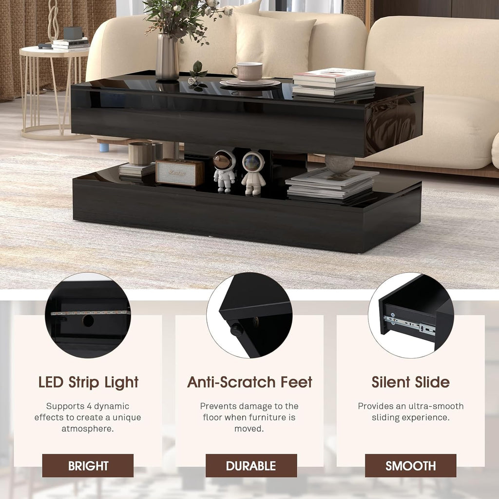 OC Orange-Casual Modern High Gloss LED Coffee Table, 2-Tier Center Table