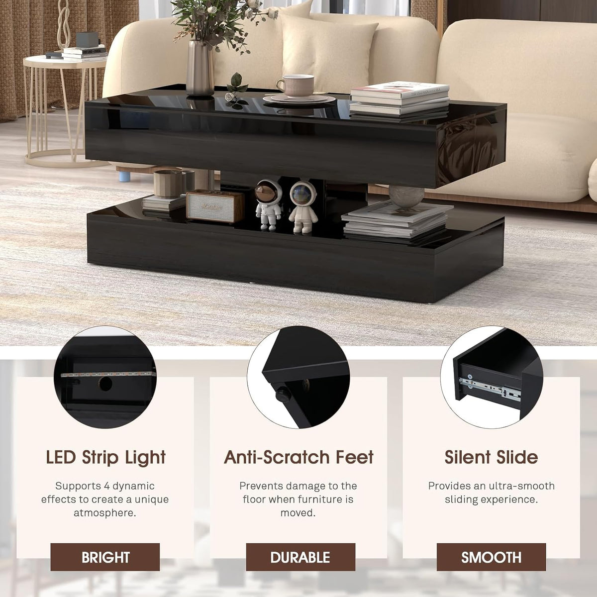 OC Orange-Casual Modern High Gloss LED Coffee Table, 2-Tier Center Table