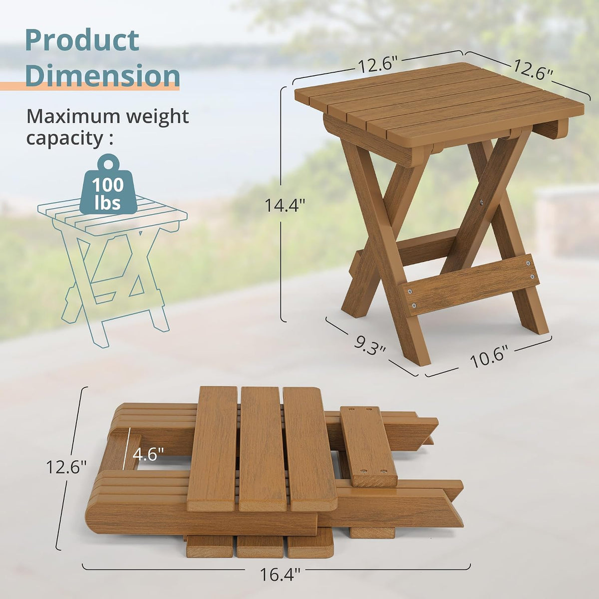 LUE BONA Small Outdoor Folding Side Table, 14 Inch, Teak Color Oil Printed