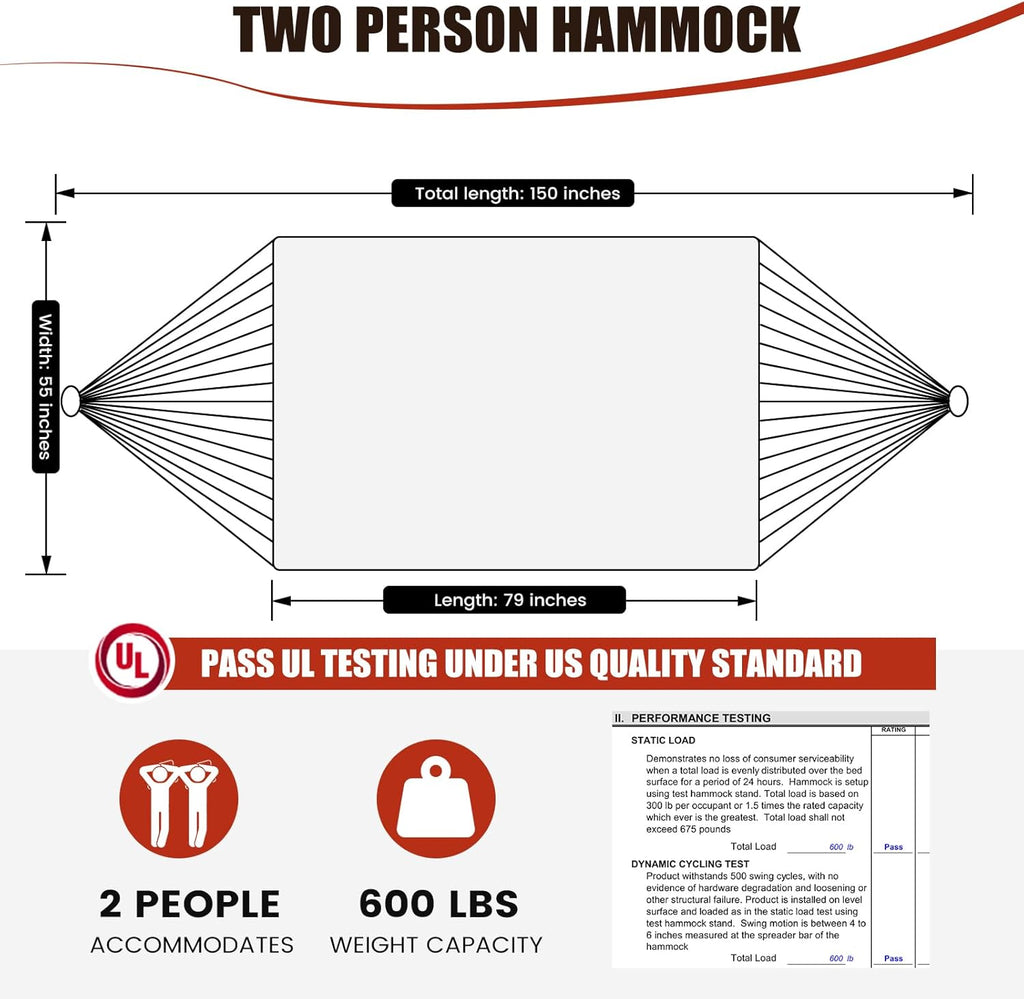 Quilted Double Hammock, Fade‑Resistant Fabric, 600 LBS Capacity