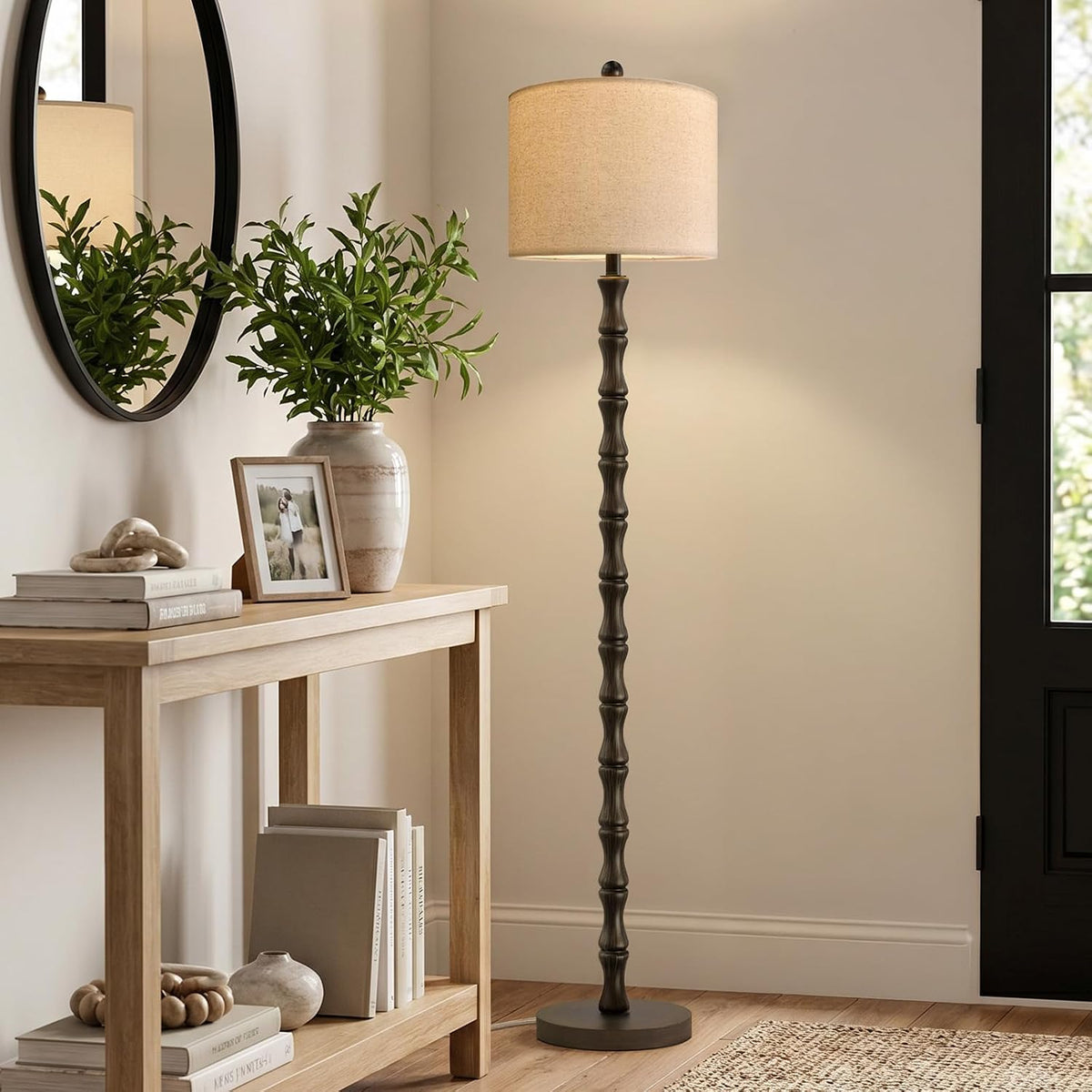 62" Farmhouse Floor Lamp for Living Room, Rustic Standing Lamp with Linen Shade and Rotary Switch, Resin Corner Floor Lamp for Bedroom, Dining Room, Office, Home Decor, Dark Brown