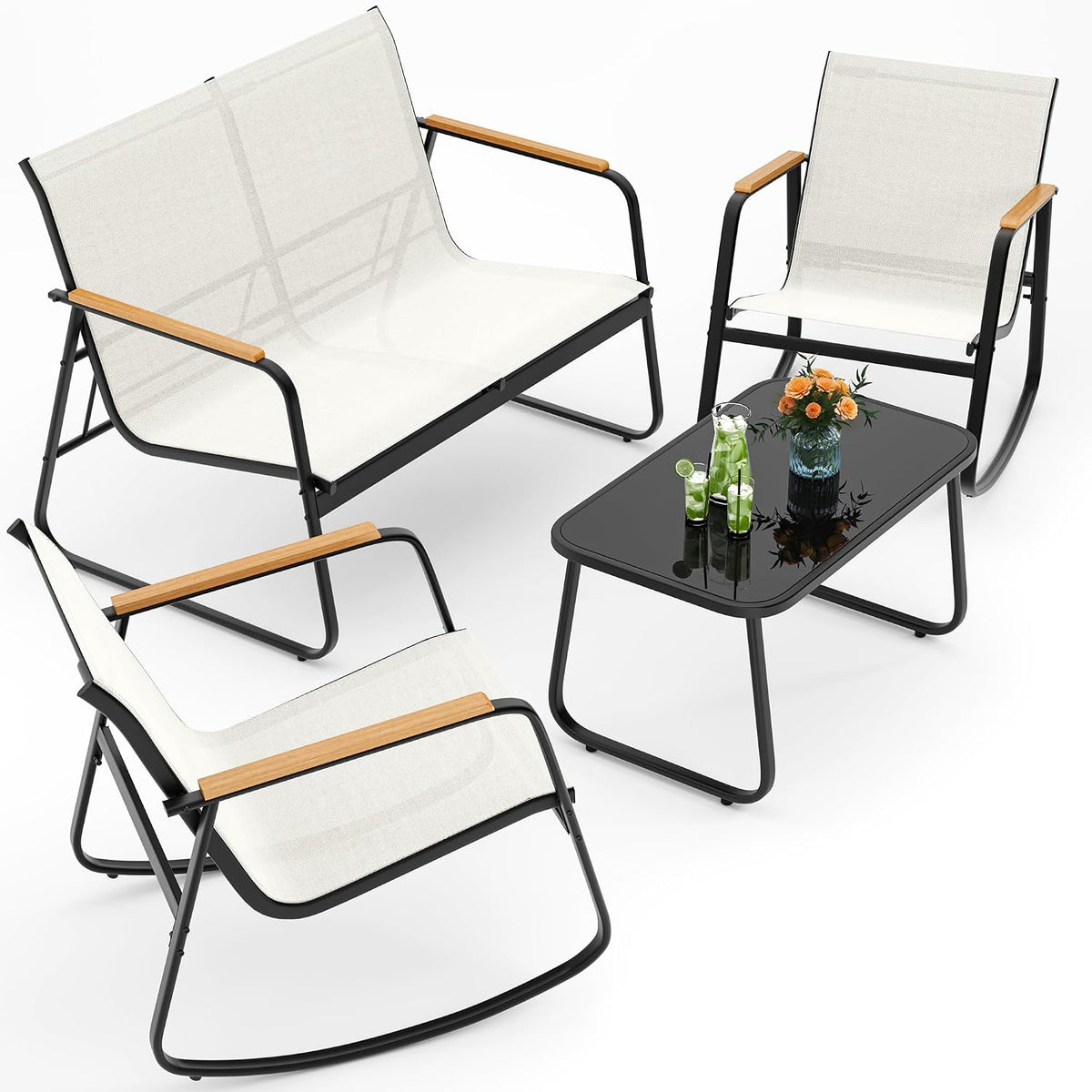 Ahomly Outdoor Patio Furniture Set 4 Pieces, Conversation Textilene, White
