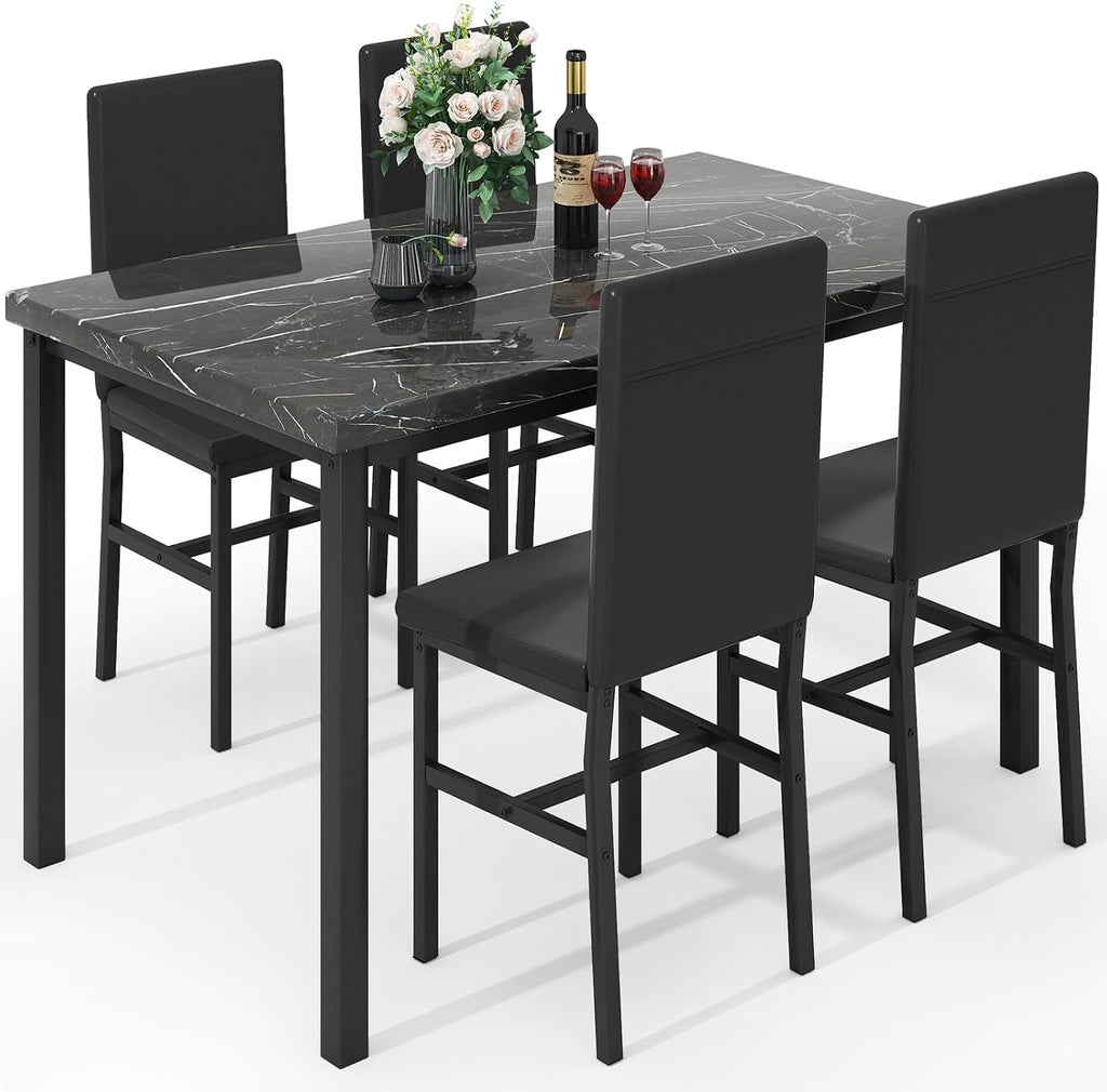 Hooseng Dining Table Set for 4, Modern Faux Marble Kitchen Table with 4 PU Leather Chairs, 5 Piece Dining Room Sets for Dinette, Breakfast Nook, Black (Set of 4)