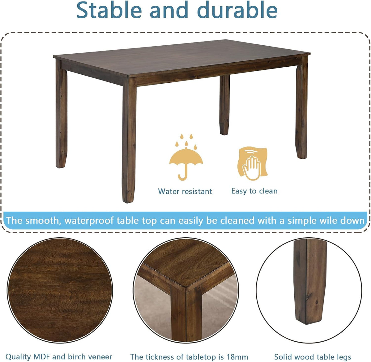 RuiSiSi Farmhouse 5 Piece Dining Table Set for 4, Solid Wood Rustic Kitchen Table with 4 Upholstered Chairs, Wood 5 Piece Dinette Table Set for Dining Room, Living Room, Kitchen, Walnut