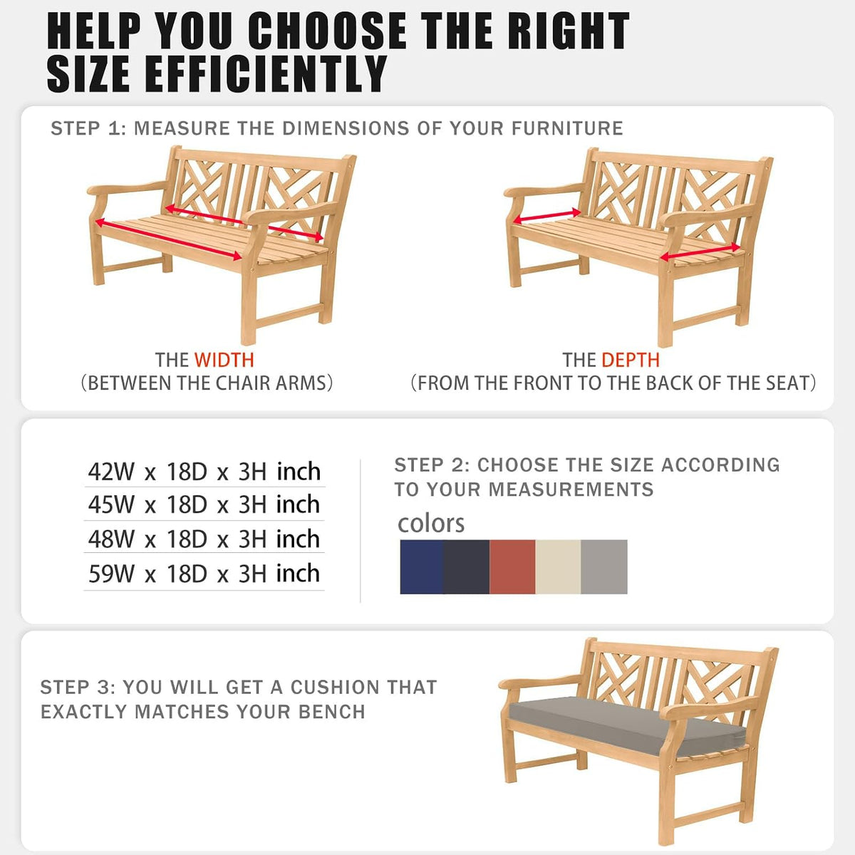 favoyard outdoor bench cushion, 48 x 18 inch showing dimensions