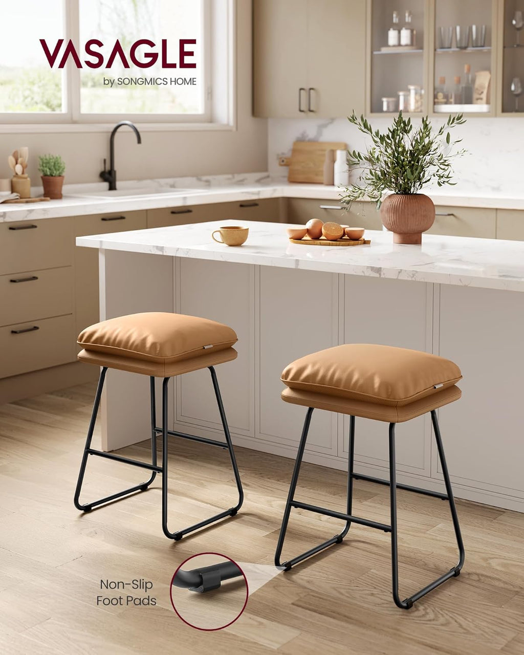 VASAGLE Bar Stools Set of 2, Leather, Metal Sled Legs, 25.6 Inches