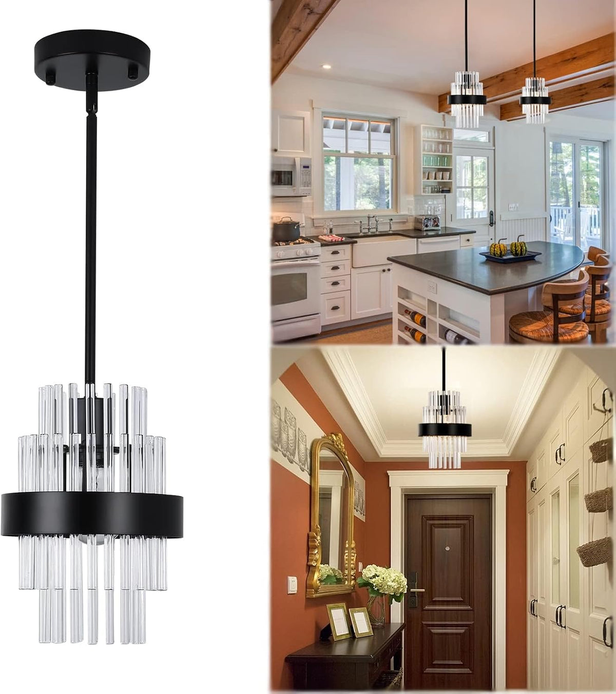 Pendant Light Fixtures, 7inch Modern Glass Pendant Lights, Matte Black Kitchen Island Lighting, Height Adjustable Pendant Lighting (Matte Black, 1 Pack)
