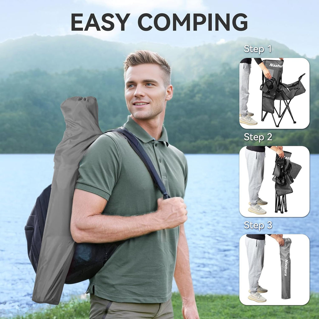 Nazhura 2 Pack Outdoor Camping Chairs Folding/Foldable/Portable with Cooler Pouch, Mesh Backrest and Cup Holder Pocket (Grey, Metal, 2 Pack)