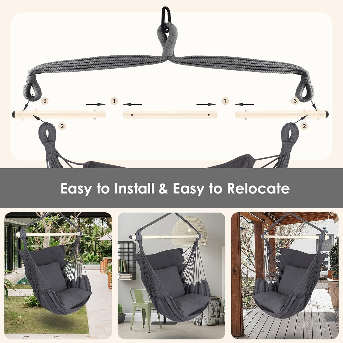 Highwild Hammock Chair Hanging Rope Swing - Max 500 Lbs - 2 Cushions Included - Steel Spreader Bar with Anti-Slip Rings - for Any Indoor or Outdoor Spaces (Grey)