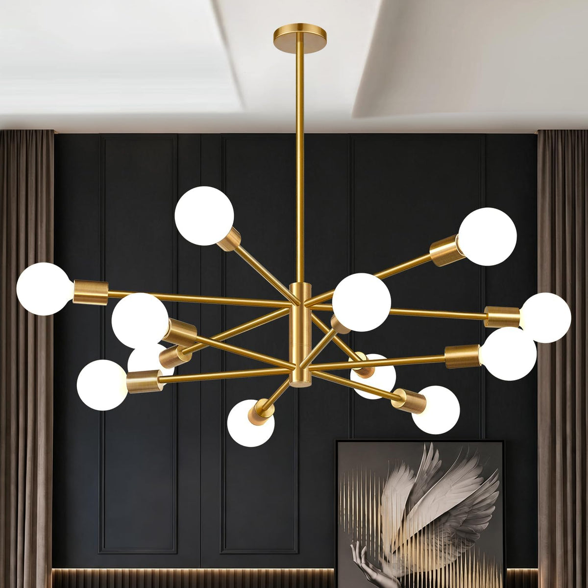 11"-52" Height Adjustable Modern Chandelier Ceiling Light Fixture, 12-Light Sputnik Chandeliers Brushed Gold Mid Century Chandelier Over Table, Chandeliers for Dining Room Living (Bulbs Not Included)