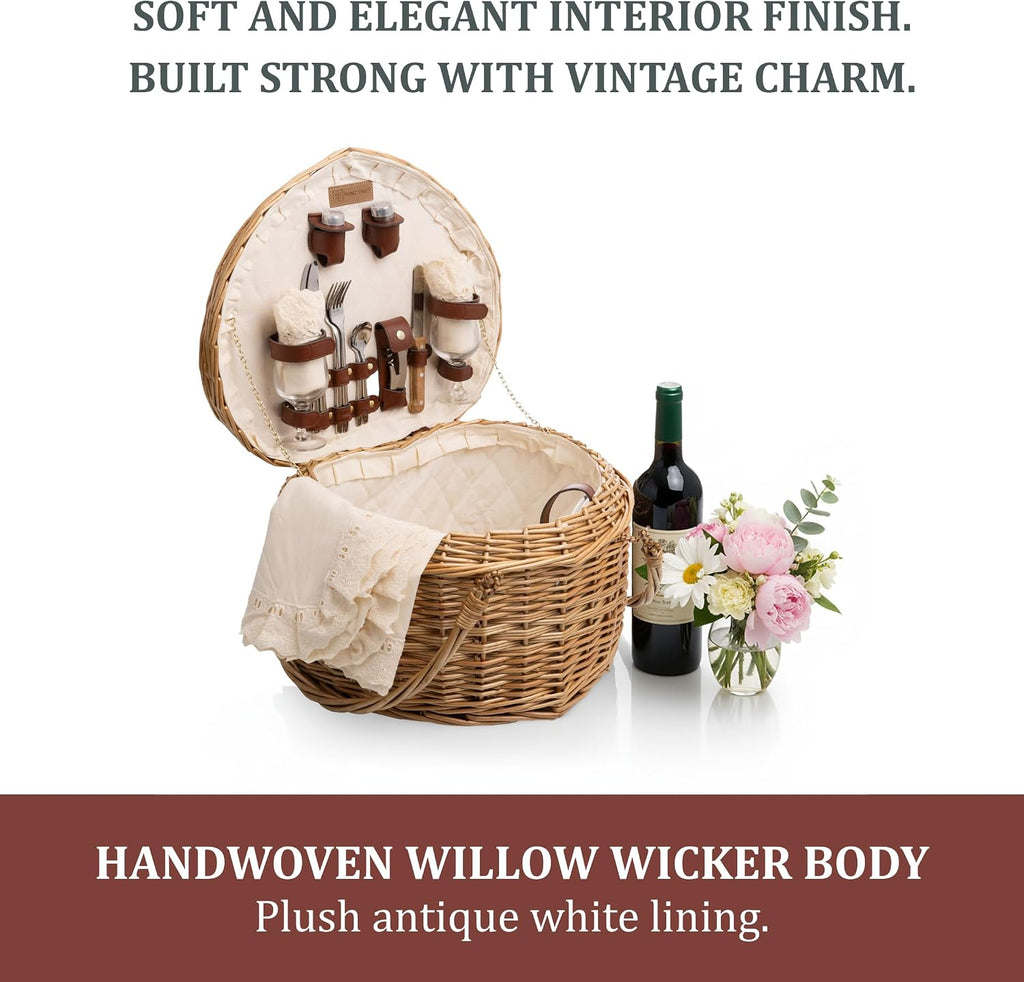 PICNIC TIME Heart Picnic Basket for 2, Wicker Basket with Handle, Complete Deluxe Service for Two, Handwoven and Sturdy Willow Constructed with Fully-lined interior and Accessories, (Antique White)