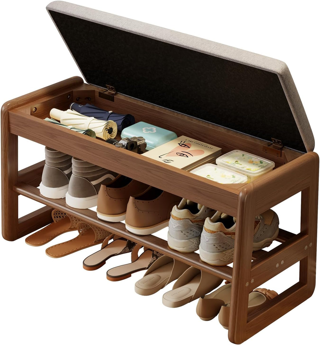 AQIMUELE Shoe Rack Bench, Wooden 2 Tiers with Flip-Top Storage