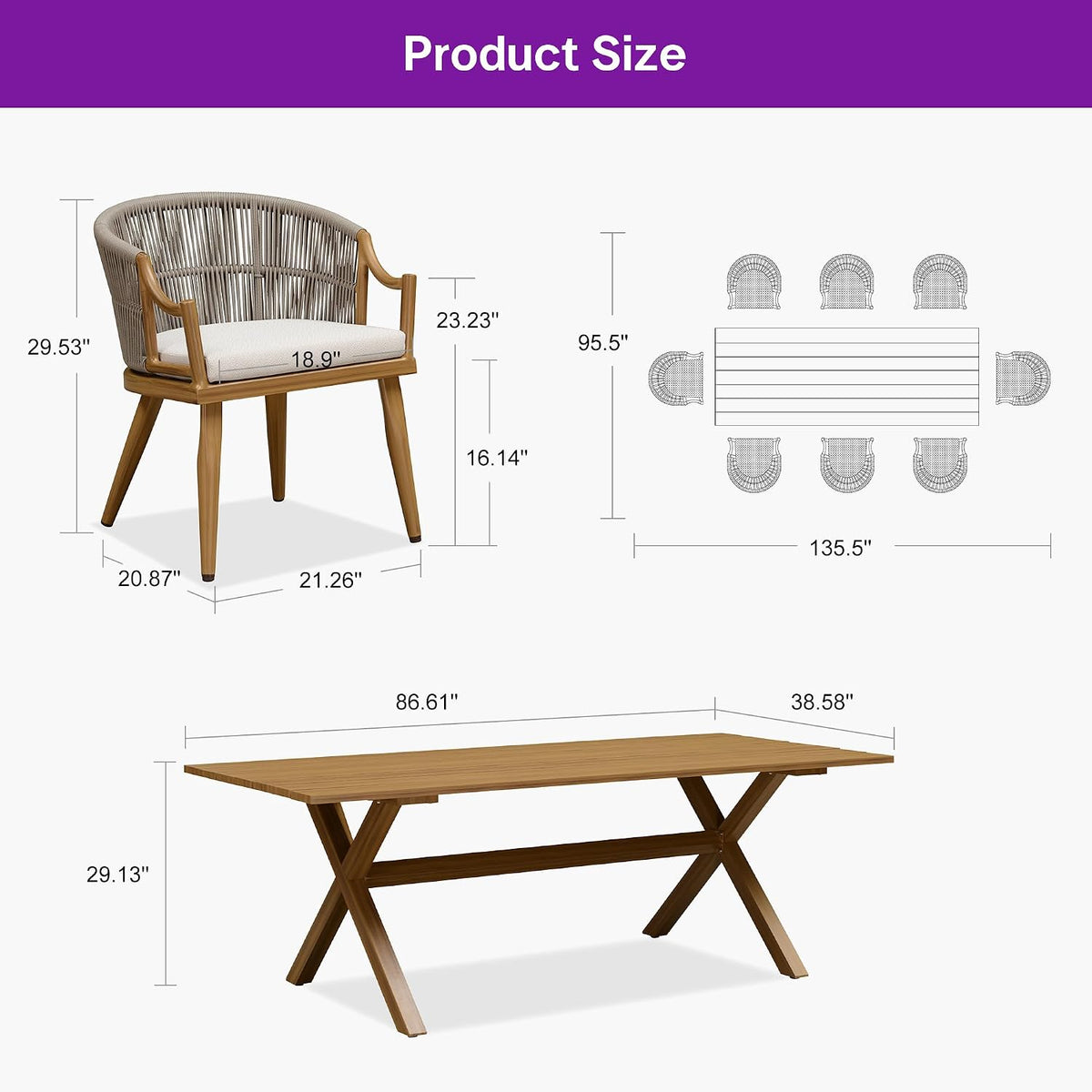 PURPLE LEAF Outdoor Dining Set for 8 Aluminum Table Set w/Cushions, Teak