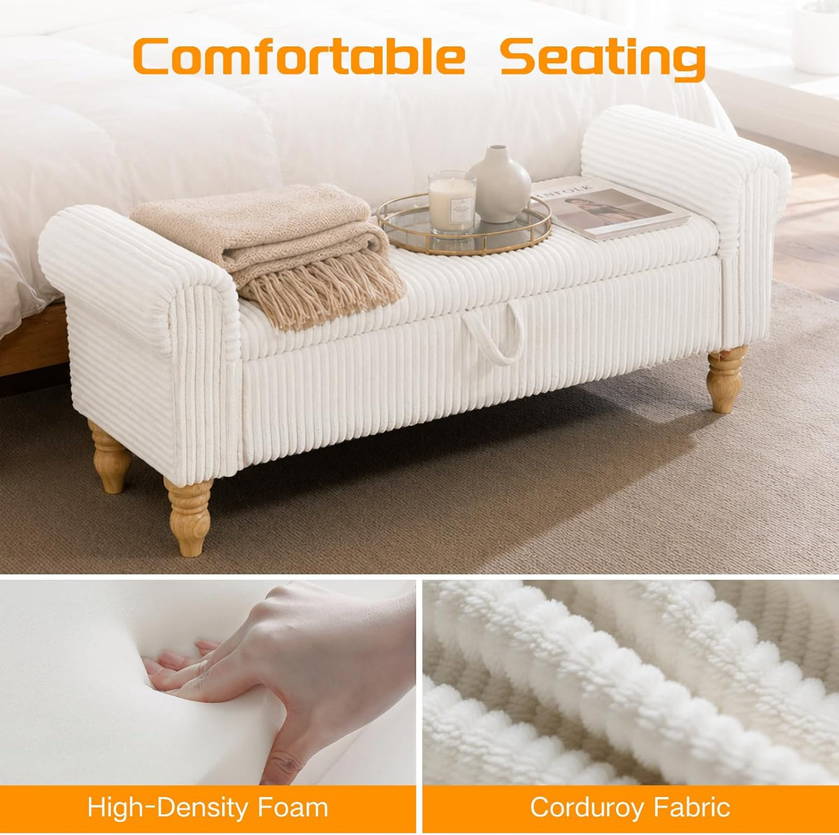 55" Storage Ottoman Bench, Corduroy End of Bed Bench for Bedroom, White