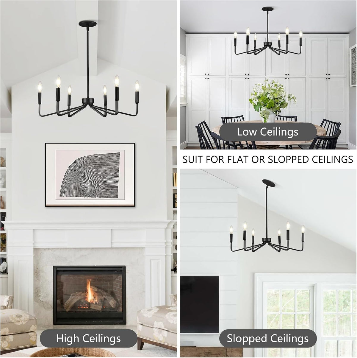6-Light 26" Farmhouse Black Candle Chandelier for Dining Room
