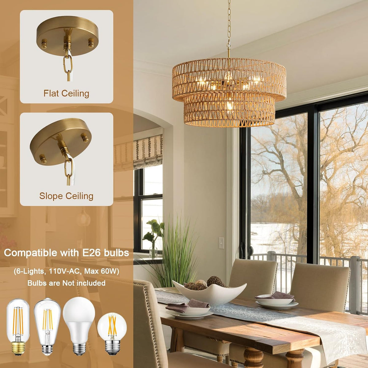 23.6" boho rattan chandelier, 6-light large rattan pendant, side view