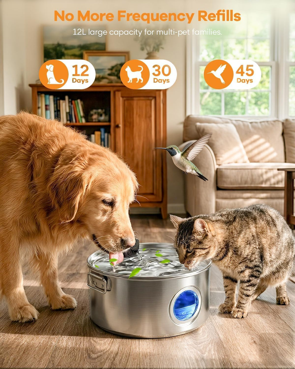 3.4G Wireless Dog Water Fountain Stainless Steel for Large Dogs Inside